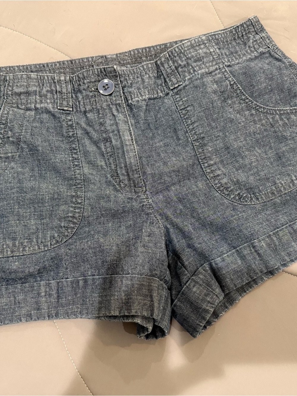 LOFT Gray-Blue Chambray Shorts with Front Pockets